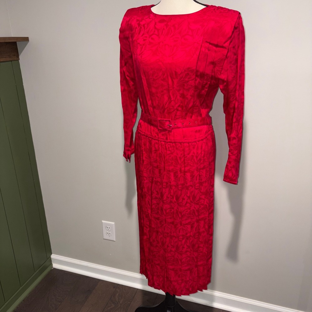 Vintage Silk Jacquard Midi Dress 80s Mob Wife Women 10P Red Argenti Petites - Picture 11 of 11